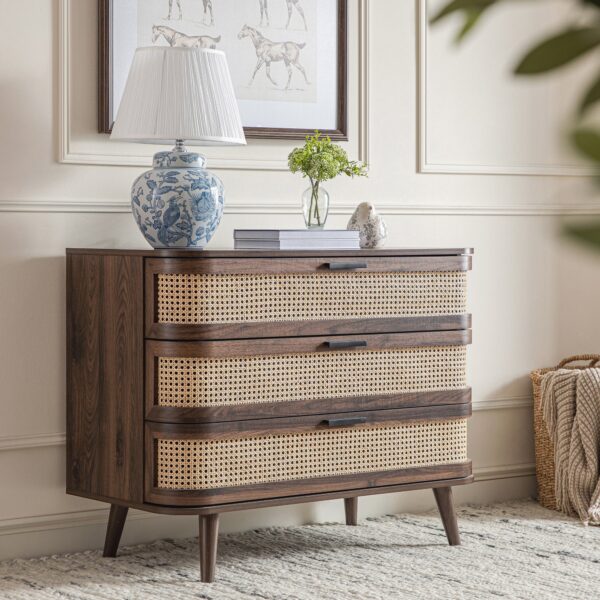 Meeqa Walnut Curved Rattan 3-Drawer Dresser