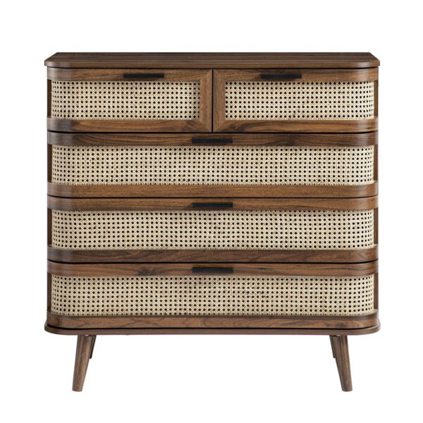 Meeqa Walnut Curved Rattan 5-Drawer Dresser