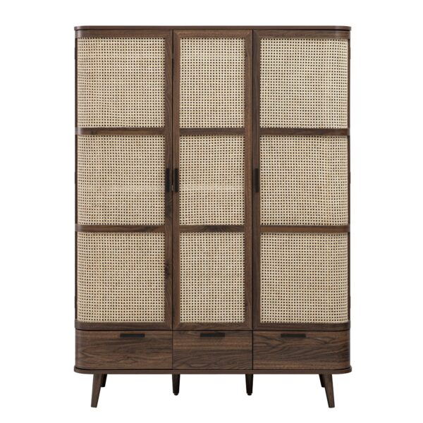 Meeqa Walnut Curved Rattan Triple Closet